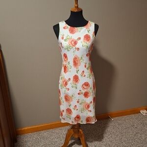 My Michelle White Midi Dress with Coral Rose Print and Green Leaves